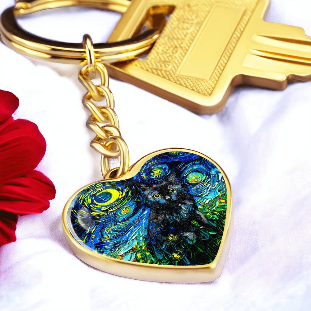 Black Cat Starry Night Heart Keychain