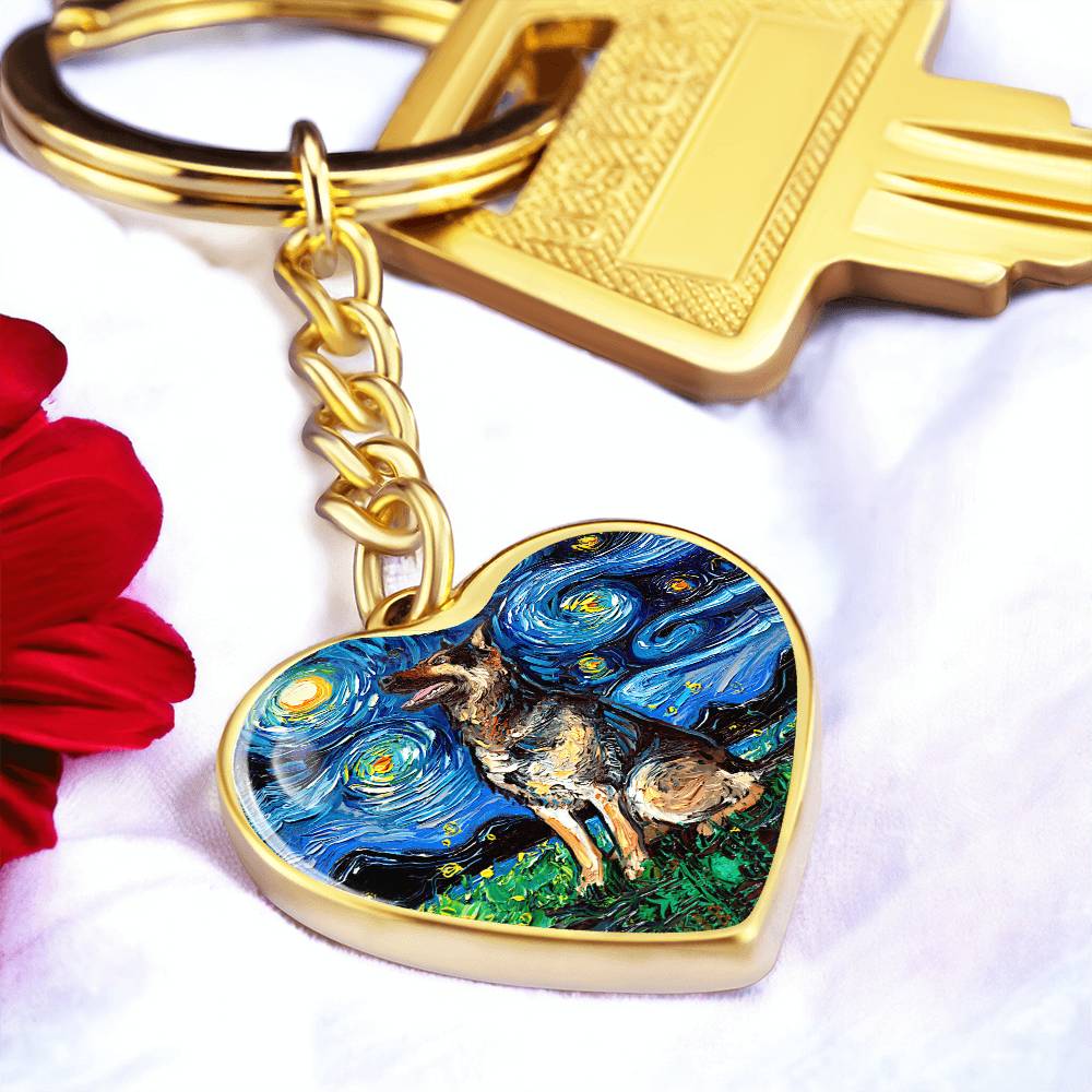 German Shepherd Starry Night Heart Keychain