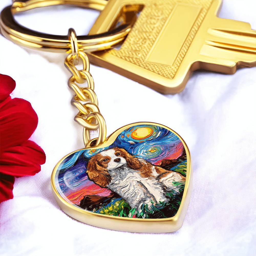 Blenheim Spaniel Starry Night Heart Keychain
