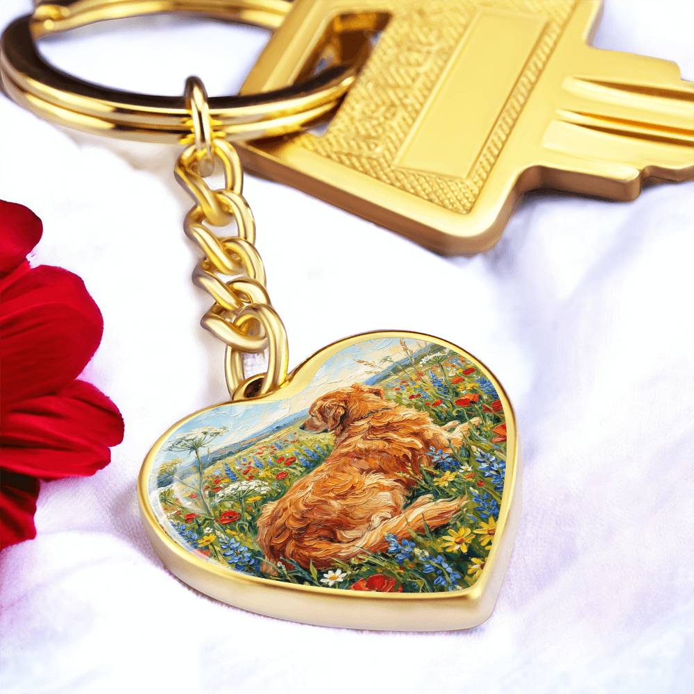 Amongst The Flowers - Golden Retriever Heart Keychain