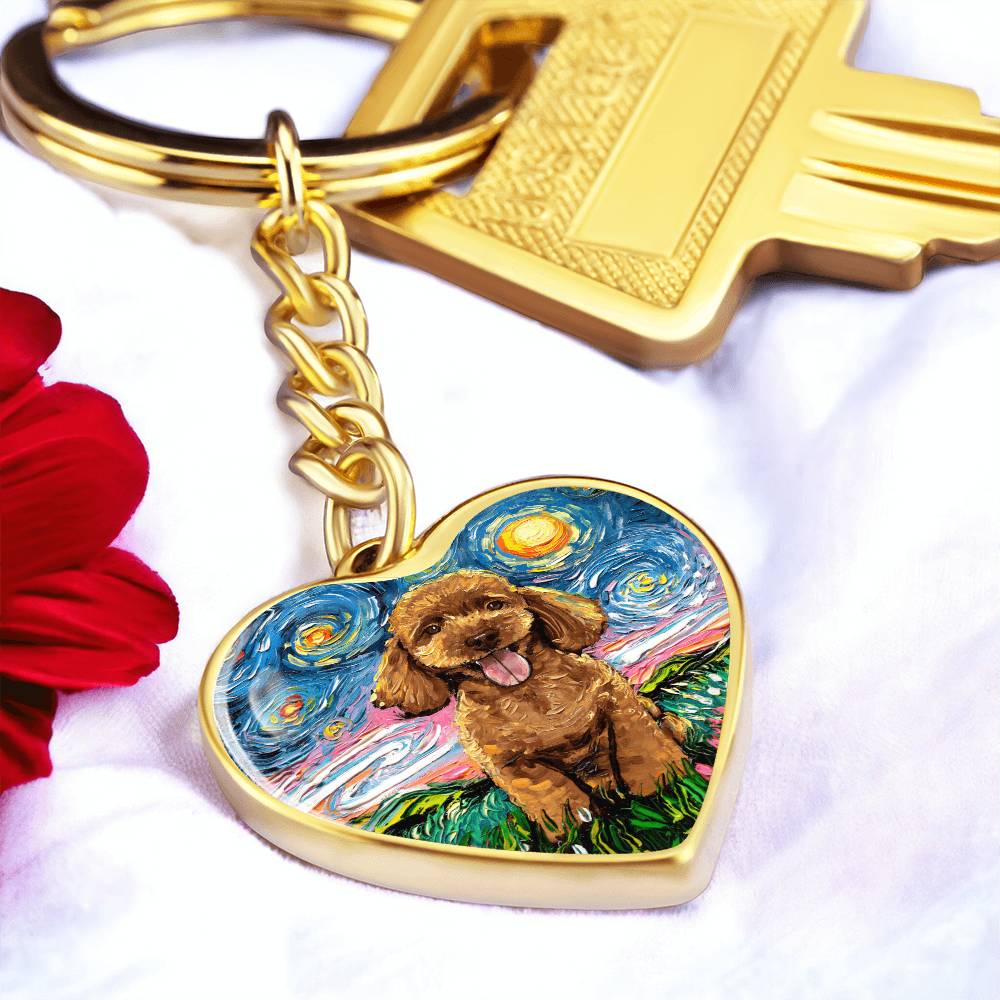 Apricot Poodle Puppy Starry Night Heart Keychain