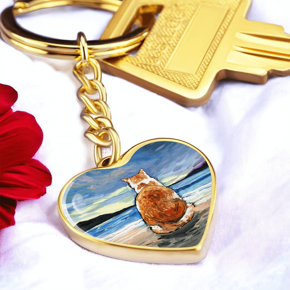 Beach Days - Orange and White Tabby Heart Keychain