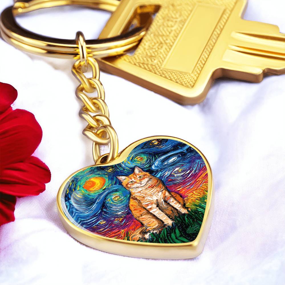 Orange Tabby Cat Starry Night Heart Keychain