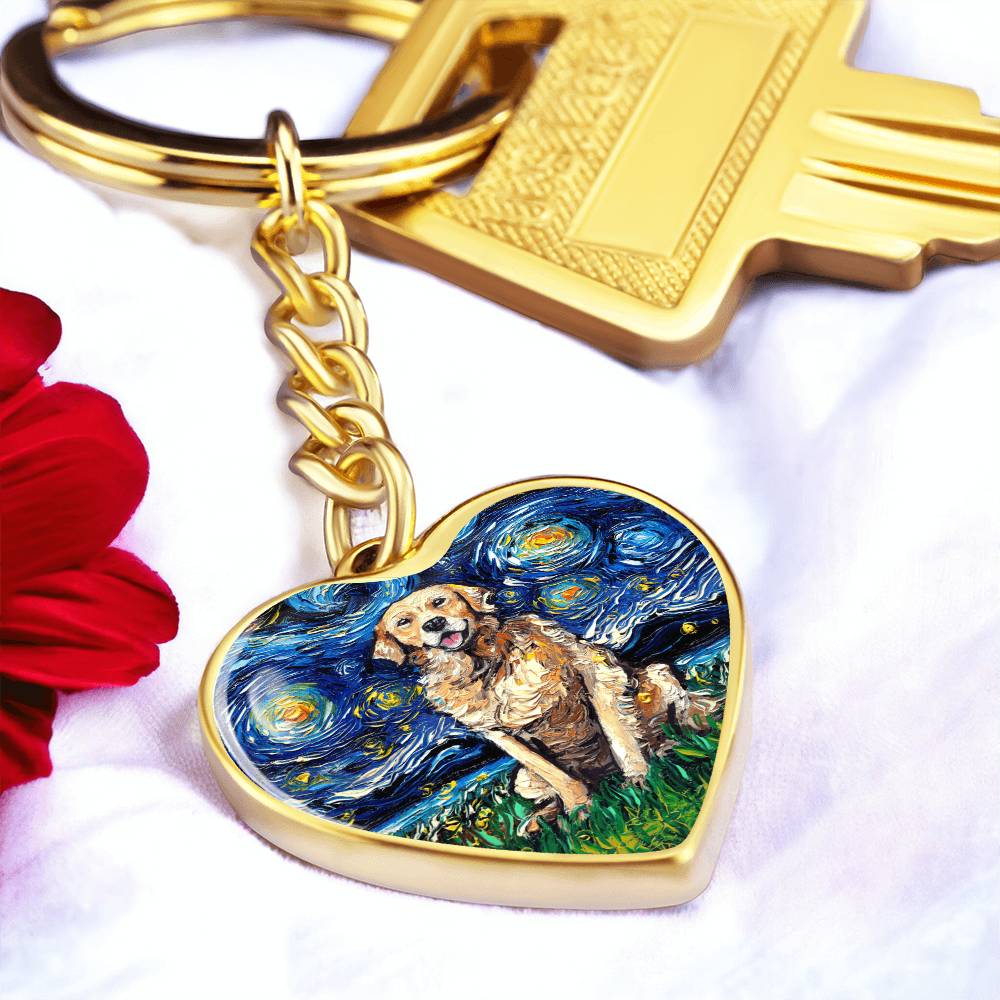 Golden Retriever Starry Night Heart Keychain