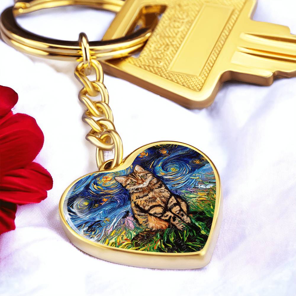 Brown Tabby Starry Night Heart Keychain