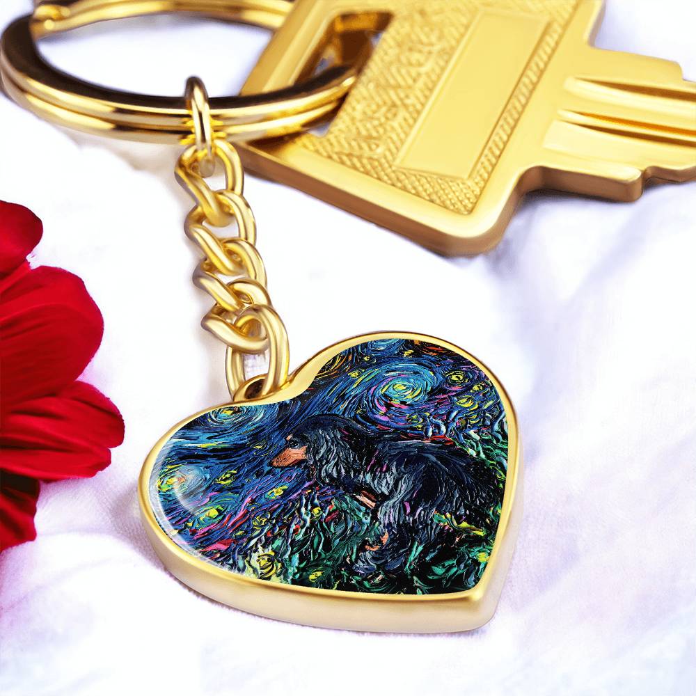 Long Hair Black and Tan Dachshund Starry Night Heart Keychain