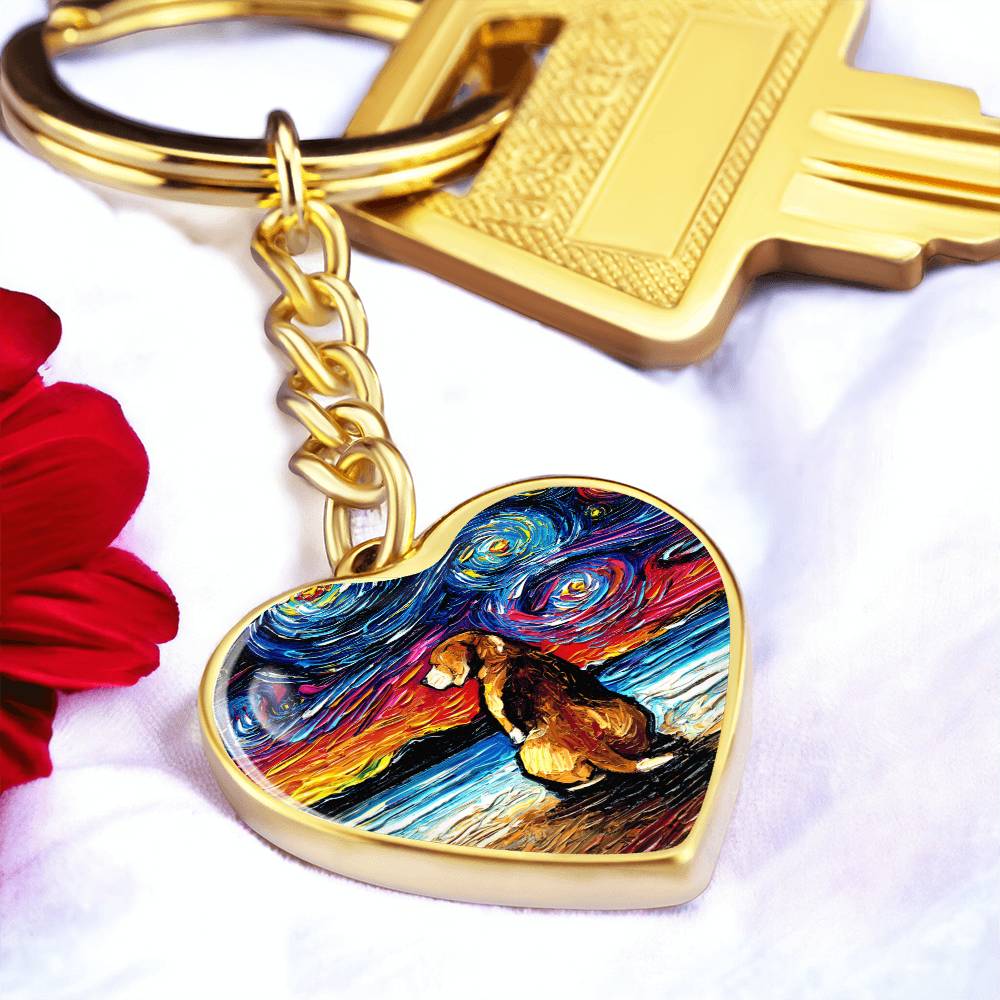 Beagle at the Beach Starry Night Heart Keychain