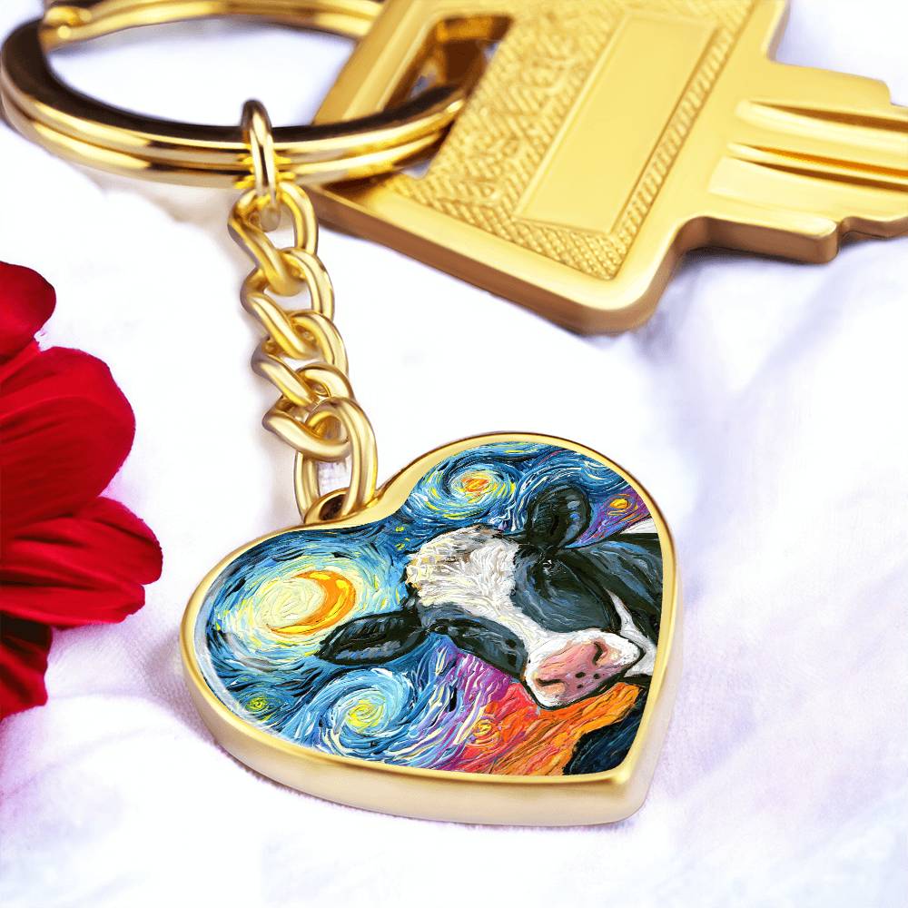 Holstein Cow Starry Night Heart Keychain