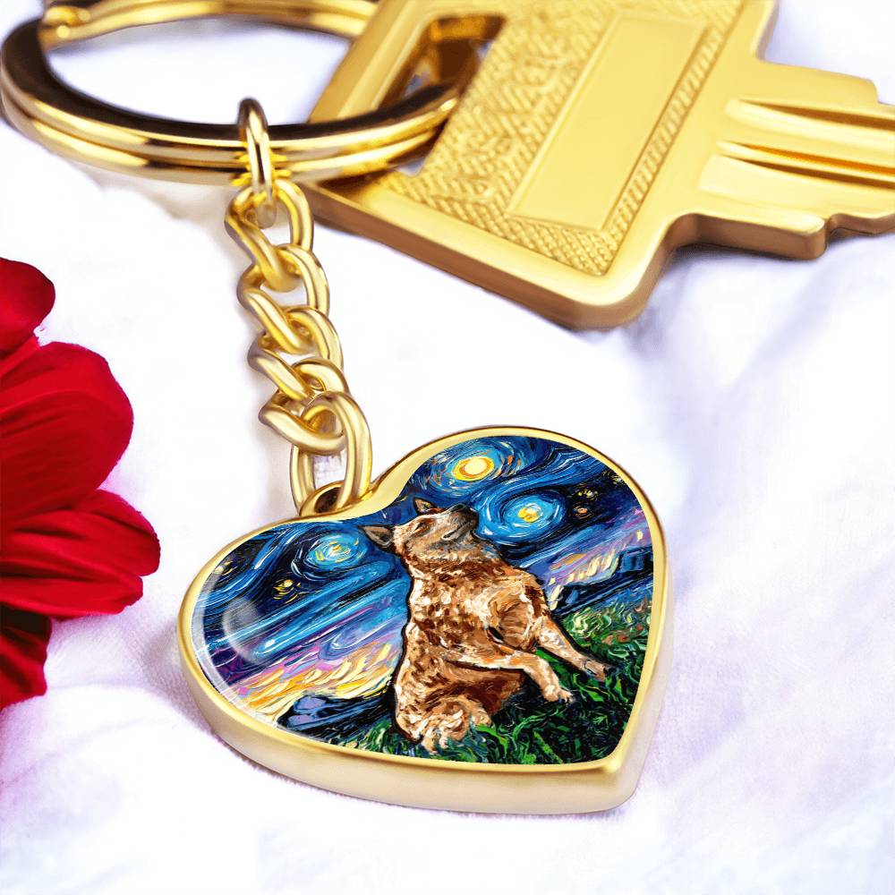 Red Heeler Starry Night Heart Keychain