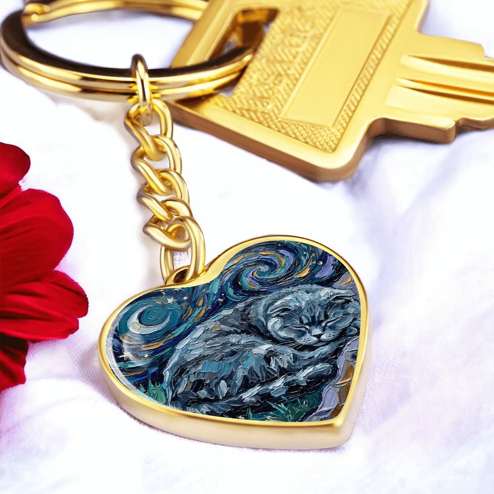Sleepy Scottish Fold Night Heart Keychain
