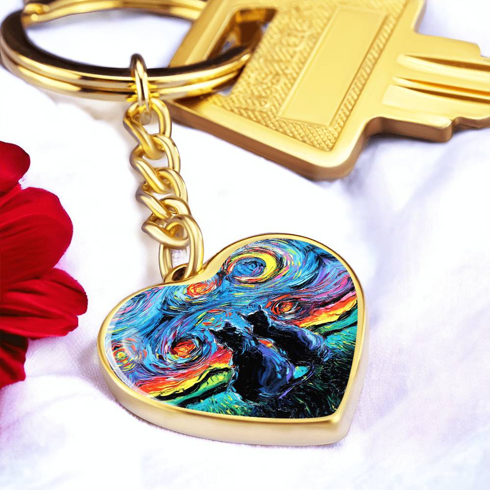 Van Gogh;s Cats Starry Night Heart Keychain