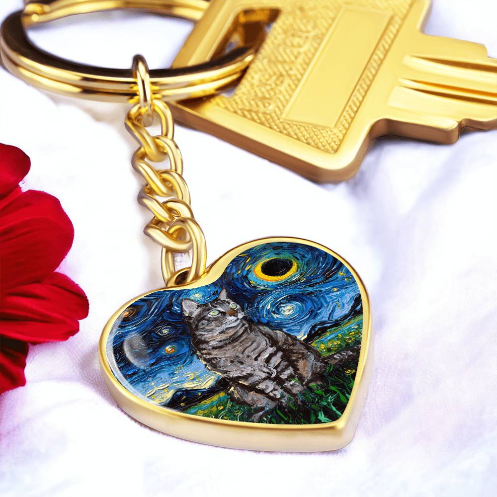 Tabby Cat Starry Night Heart Keychain