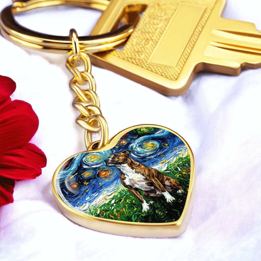 Staffordshire Bull Terrier Starry Night Heart Keychain