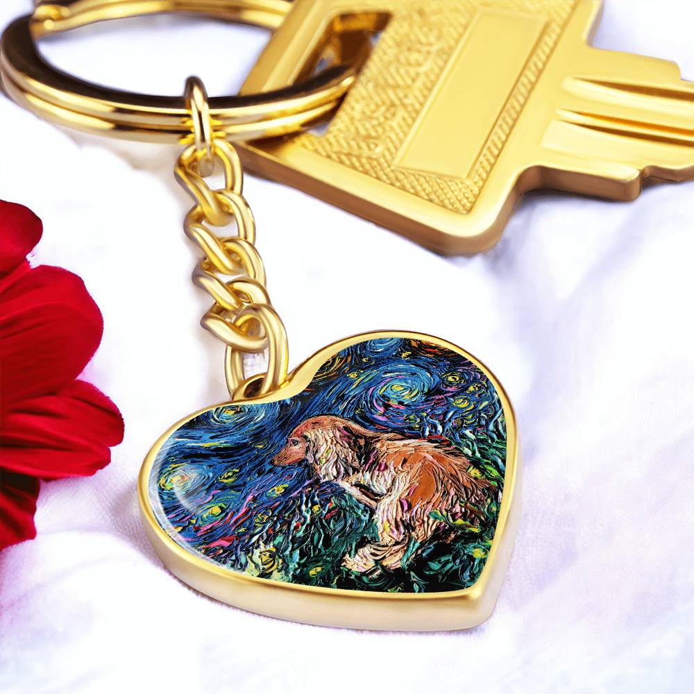 Long Hair Brown Dachshund Starry Night Heart Keychain