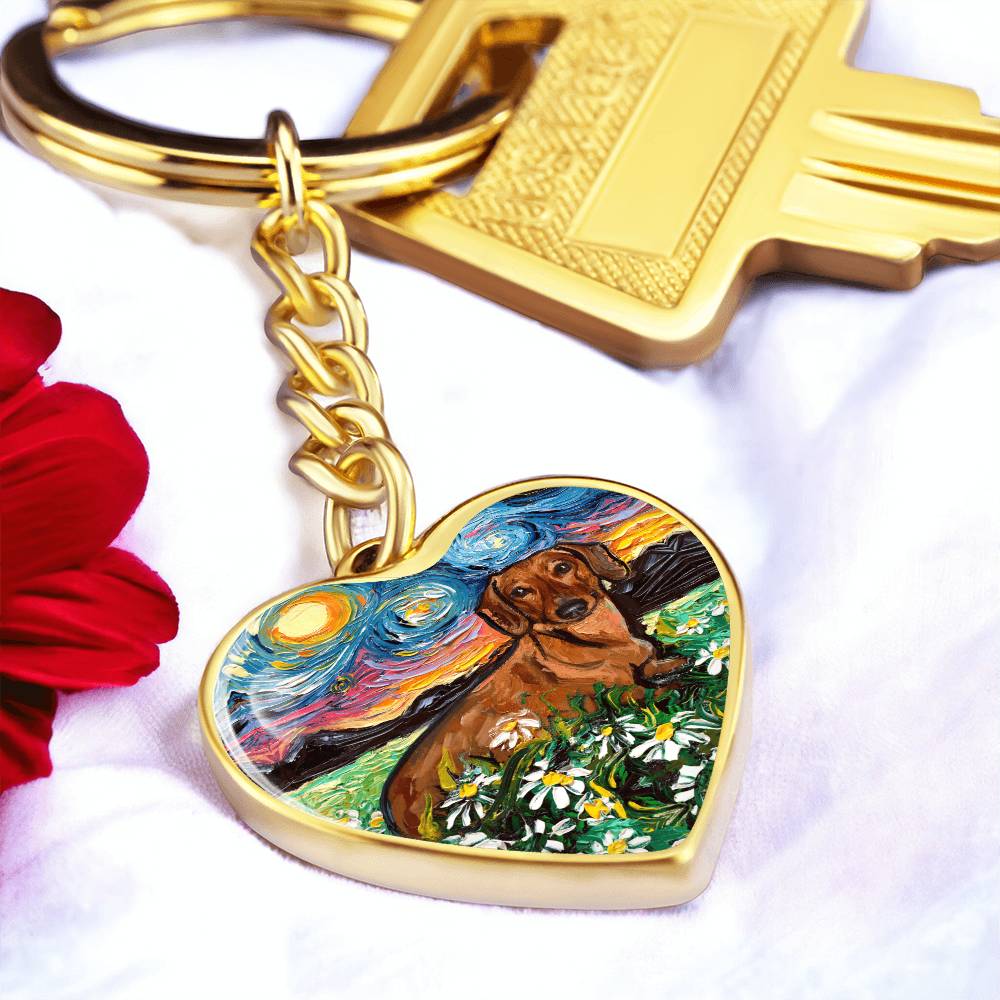 Brown Dachshund and Flowers Starry Night Heart Keychain