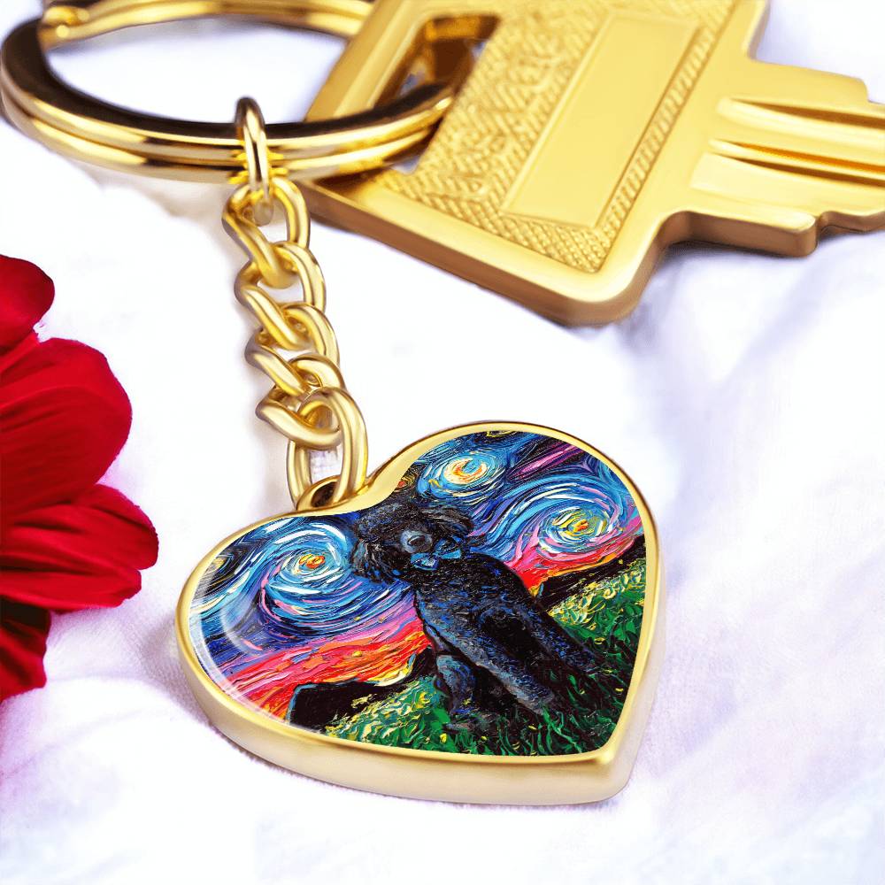 Black Poodle Starry Night Heart Keychain