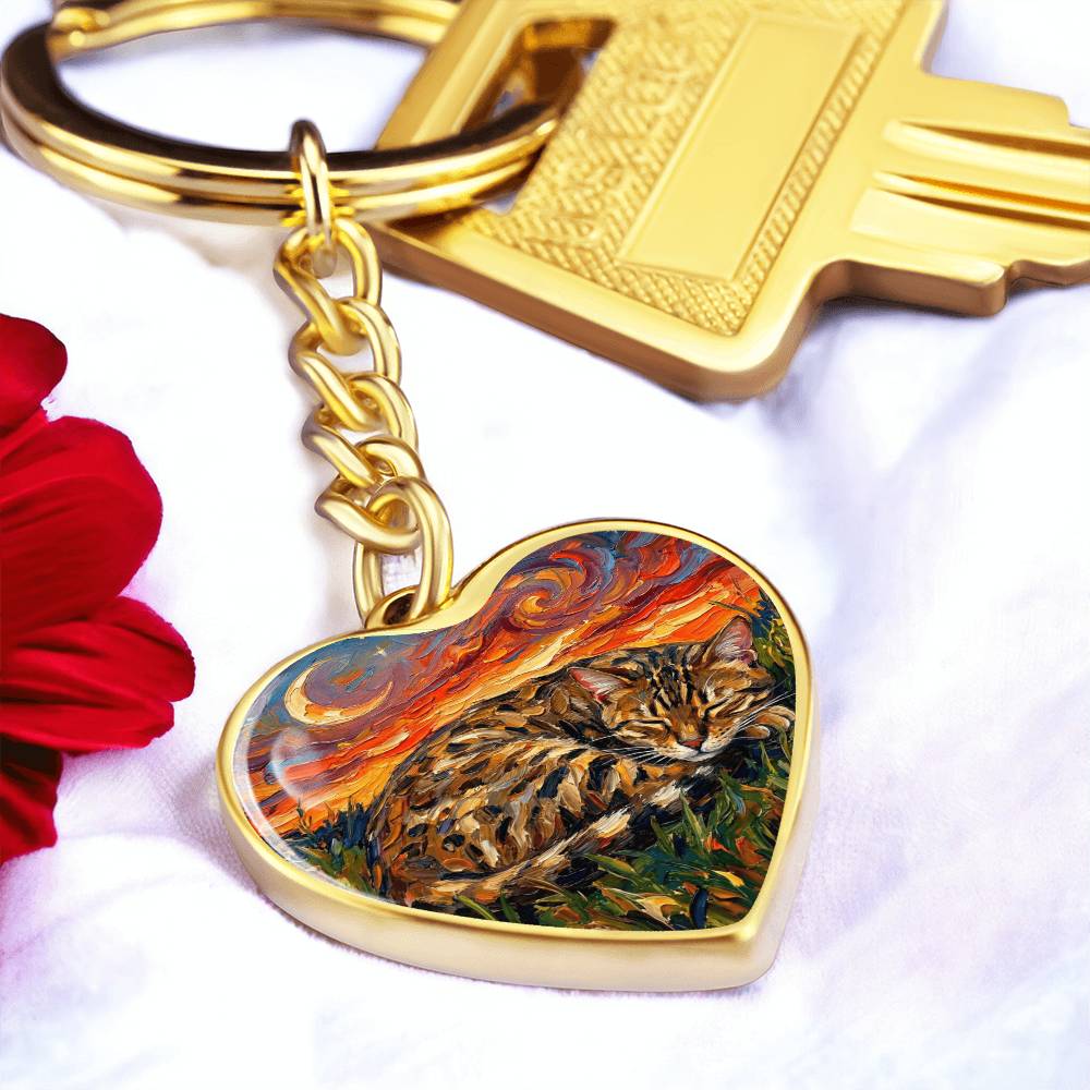 Sleepy Egyptian Mau Night Heart Keychain