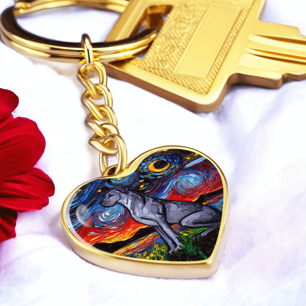Blue Great Dane Starry Night Heart Keychain