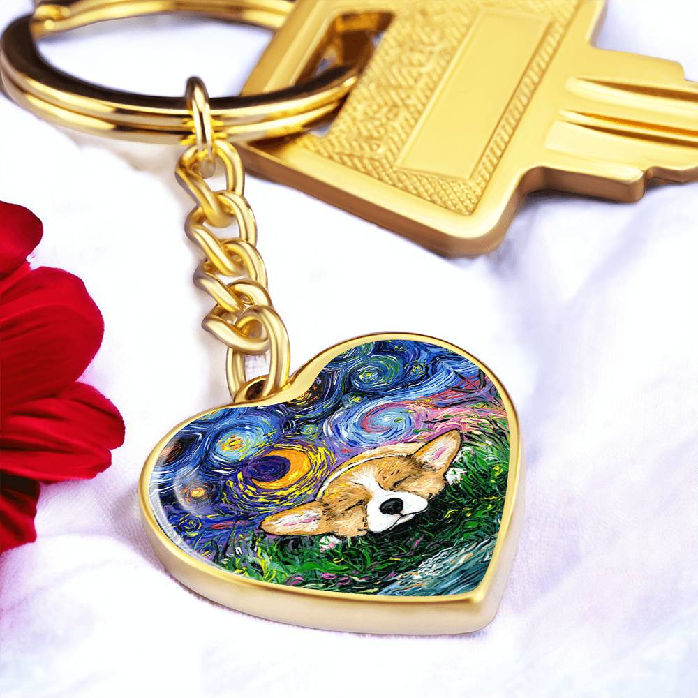 Sleeping Corgi Starry Night Heart Keychain
