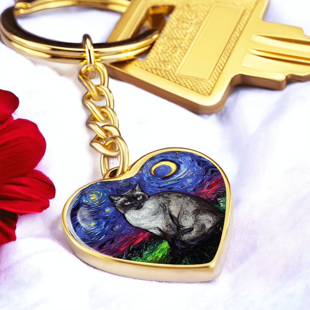 Siamese Cat Starry Night Heart Keychain