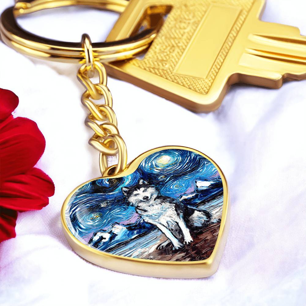 Husky Starry Night Heart Keychain