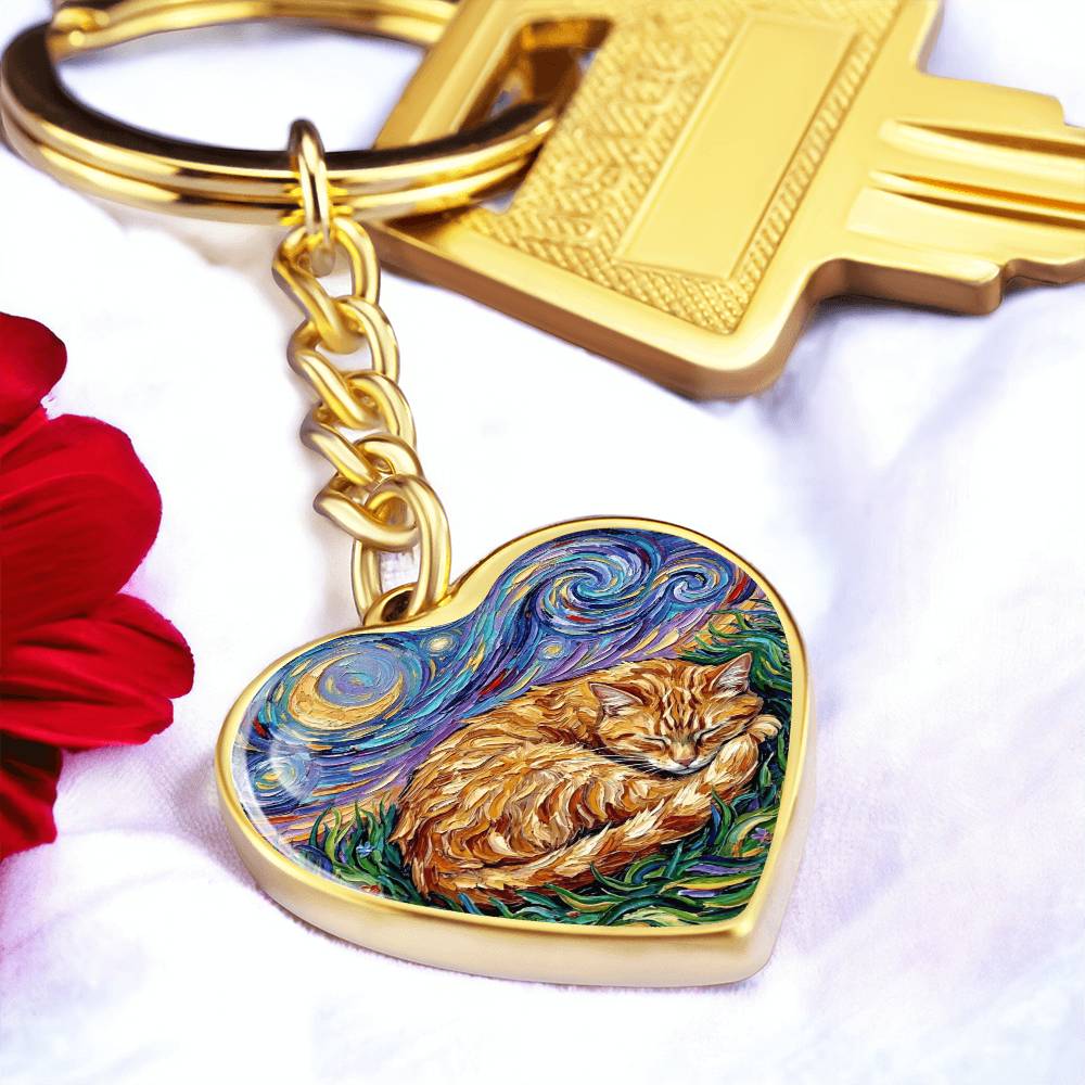 Sleepy Orange Tabby Night Heart Keychain