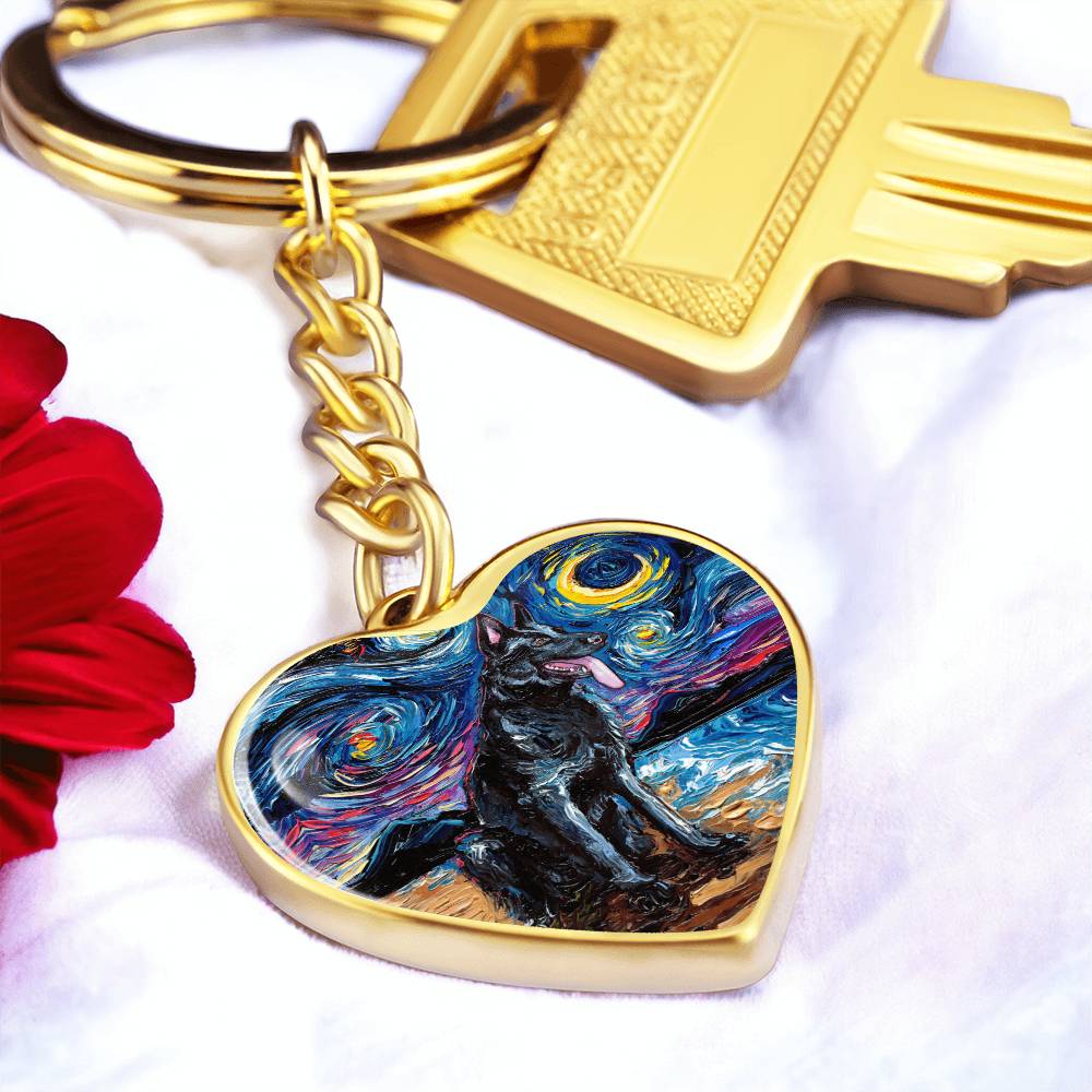 Black German Shepherd Starry Night Heart Keychain