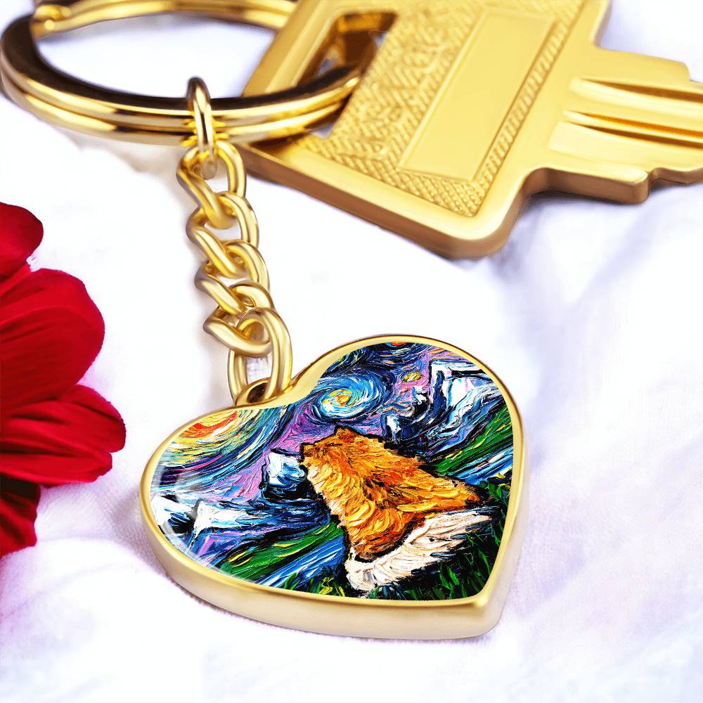 Pomeranian Back Starry Night Heart Keychain