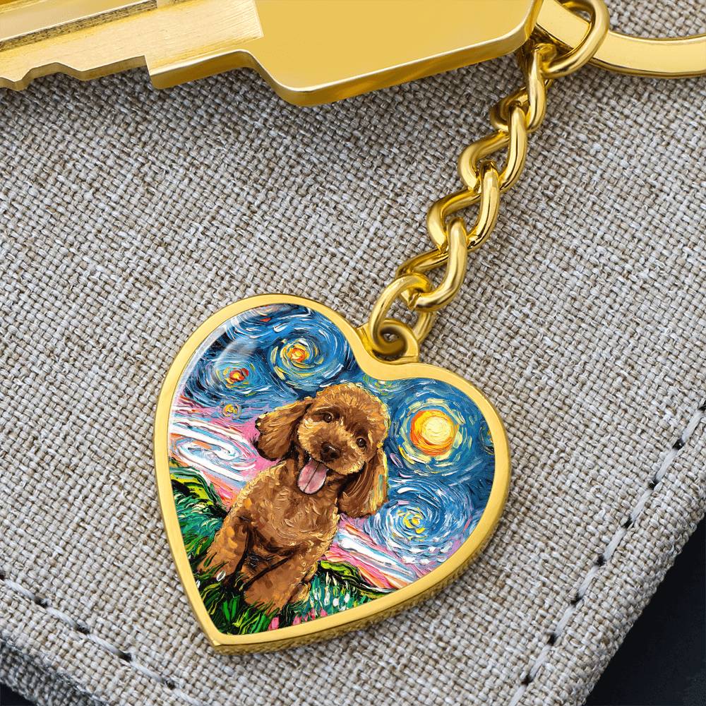 Apricot Poodle Puppy Starry Night Heart Keychain