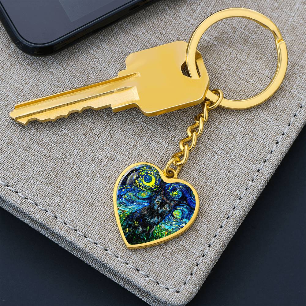 Black Cat Starry Night Heart Keychain