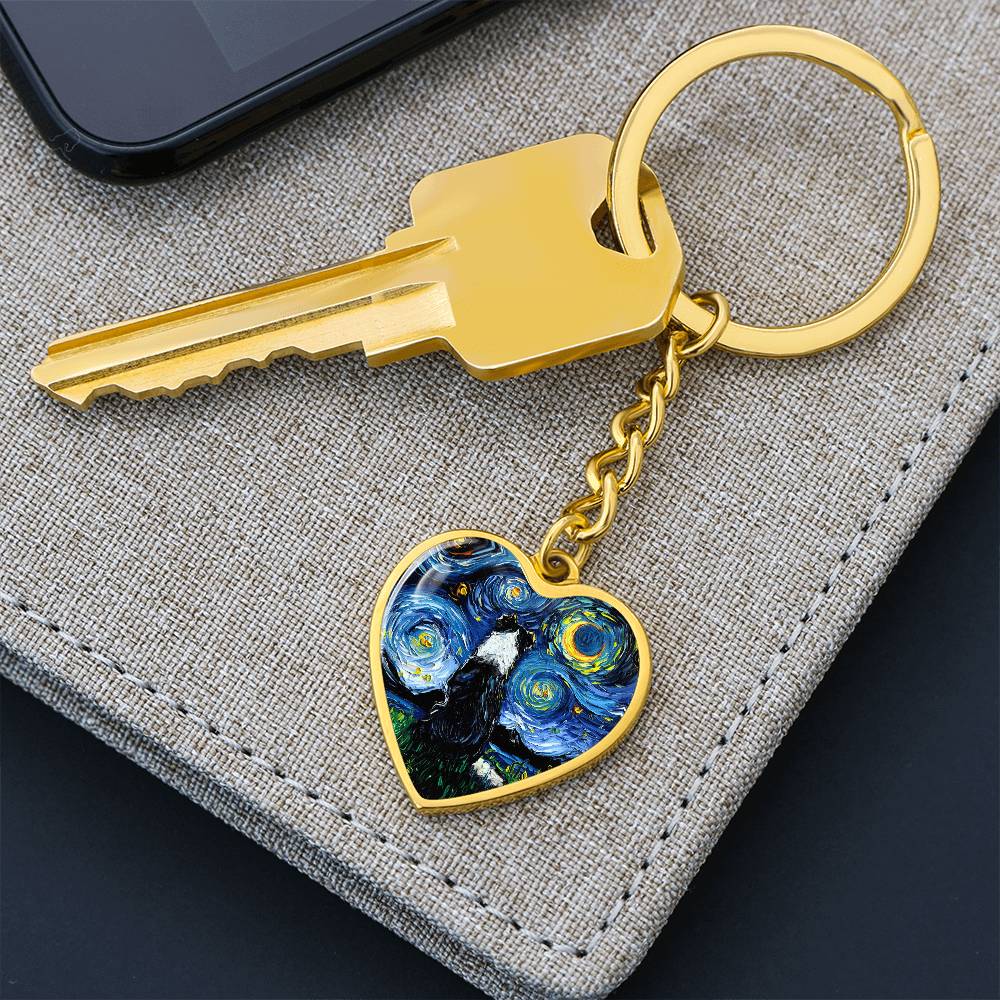 Border Collie Back Starry Night Heart Keychain