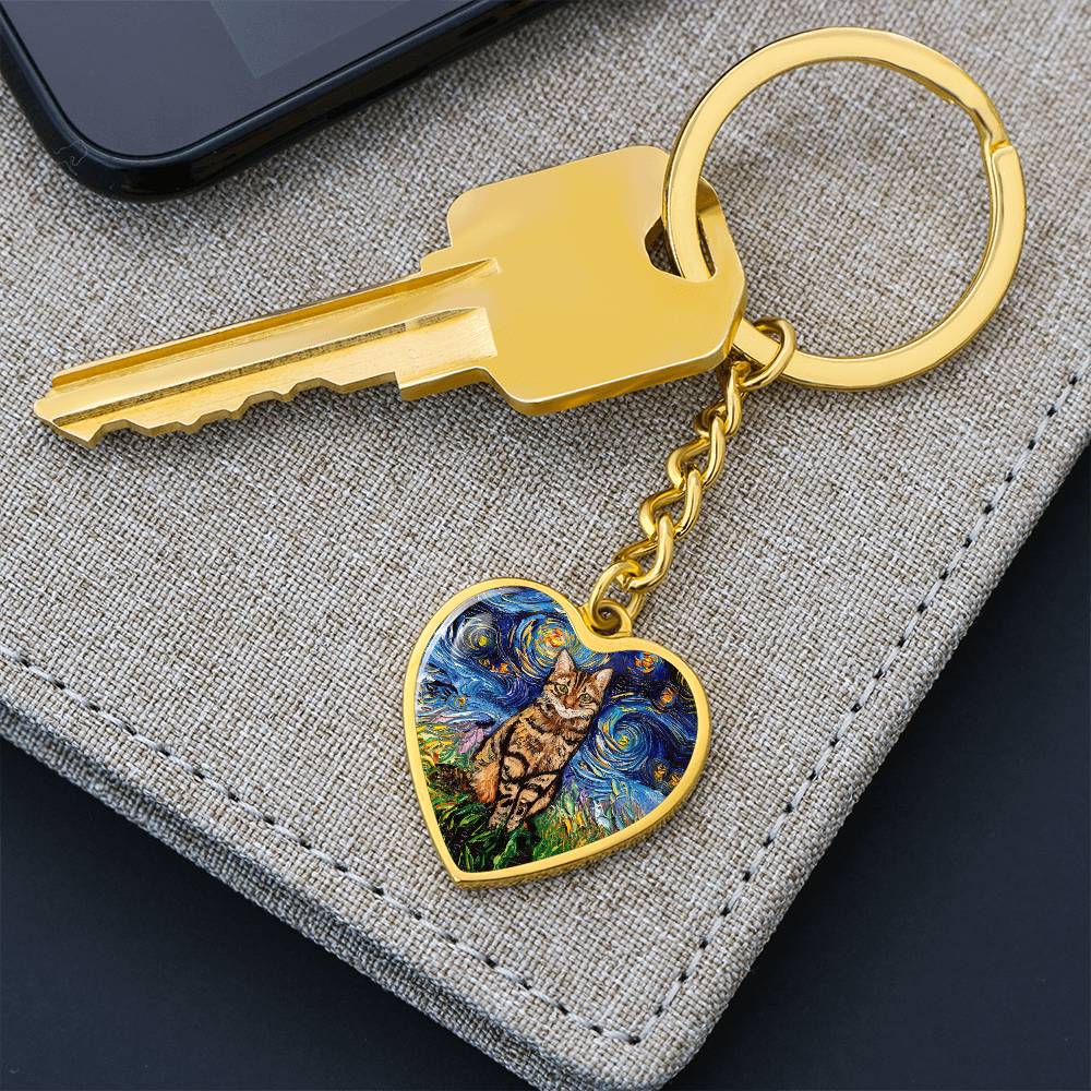 Brown Tabby Starry Night Heart Keychain