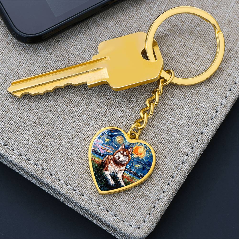 Red Husky Starry Night Heart Keychain