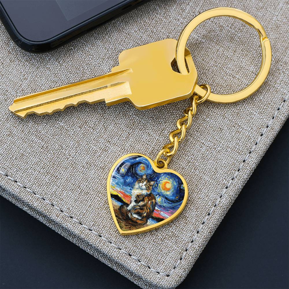 Calico Cat 2 Starry Night Heart Keychain