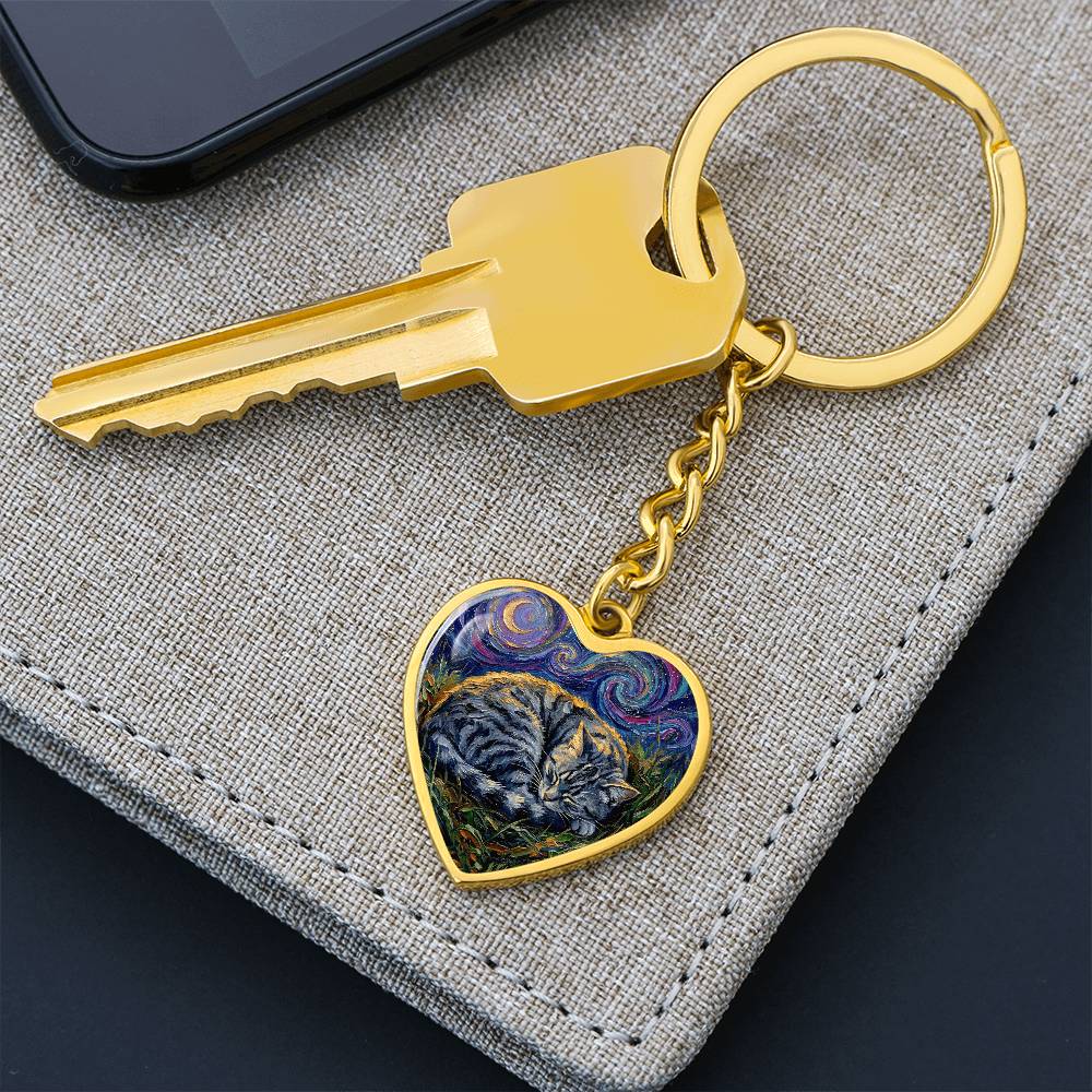 Sleepy American Shorthair Tabby Heart Keychain