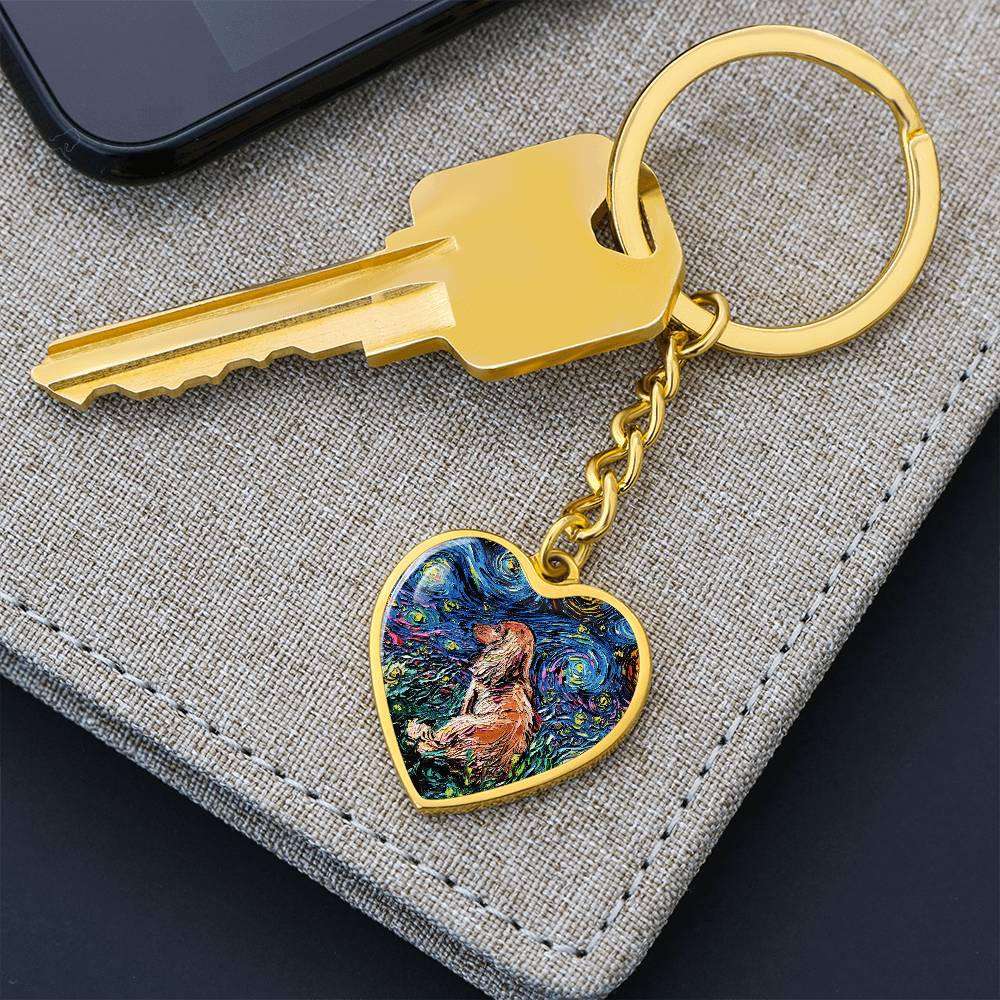 Long Hair Brown Dachshund Starry Night Heart Keychain