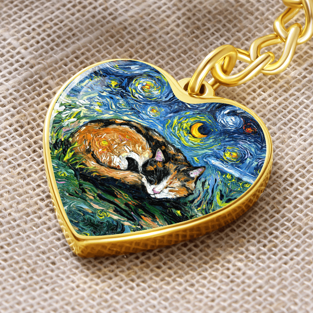 Sleeping Calico Cat Starry Night Heart Keychain