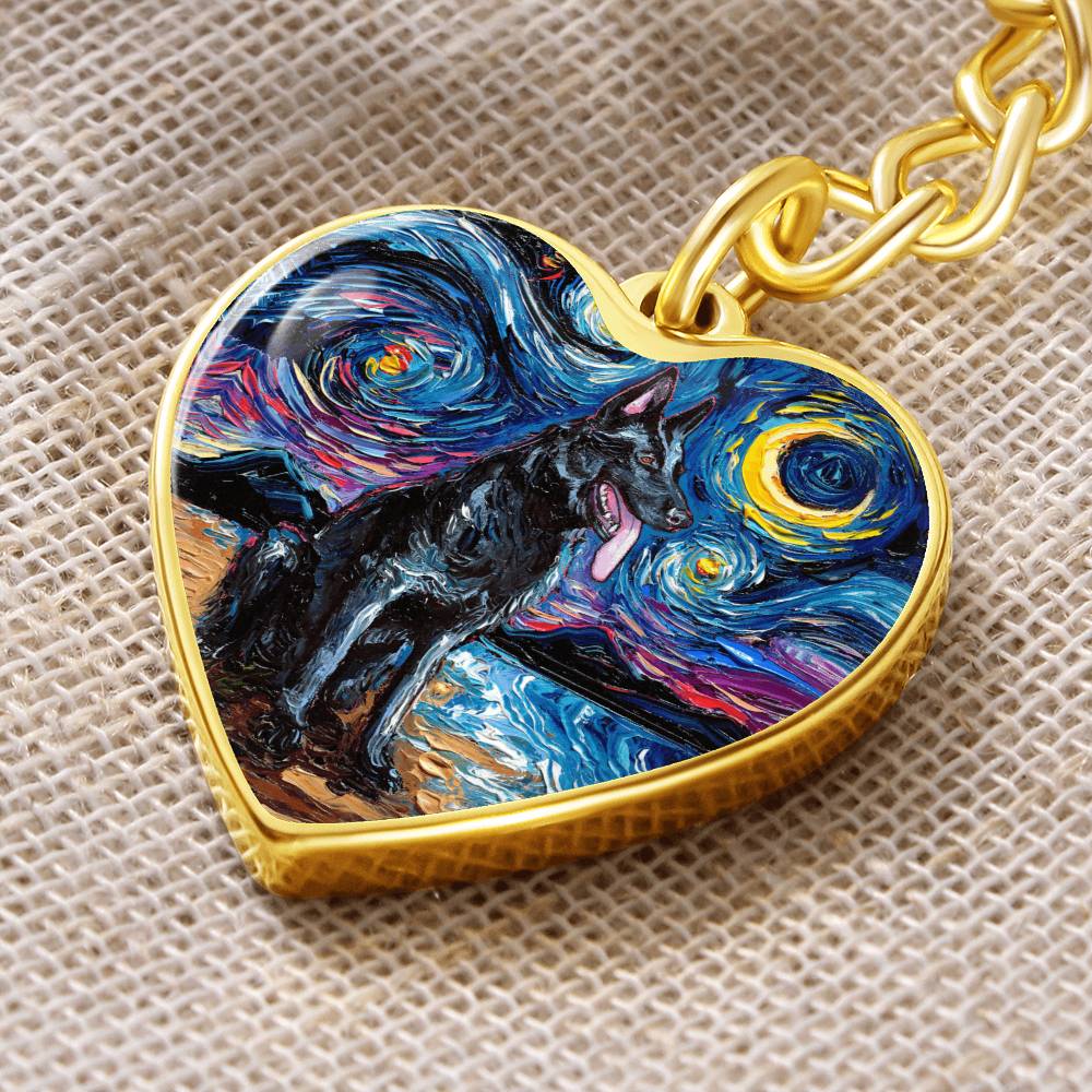 Black German Shepherd Starry Night Heart Keychain