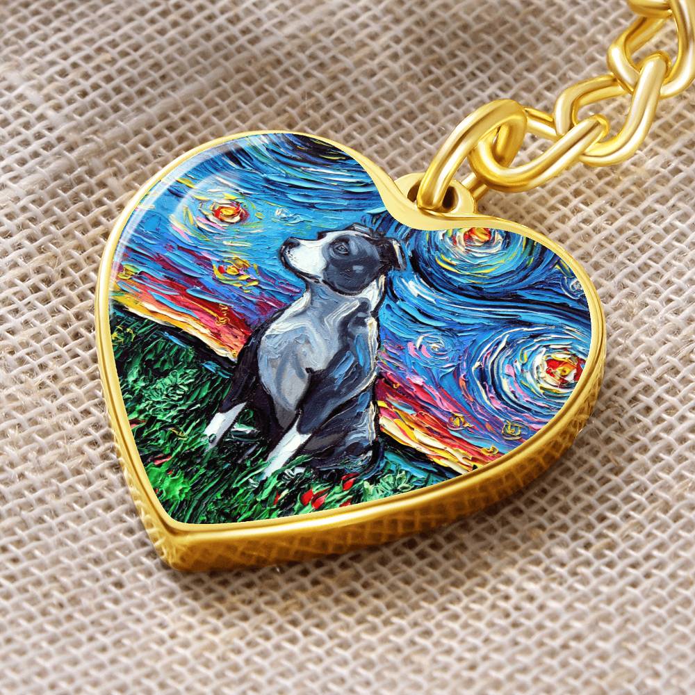 Pit Bull Starry Night Heart Keychain