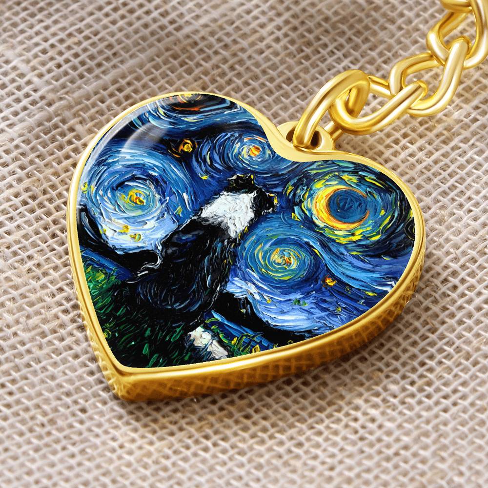 Border Collie Starry Night Heart Keychain