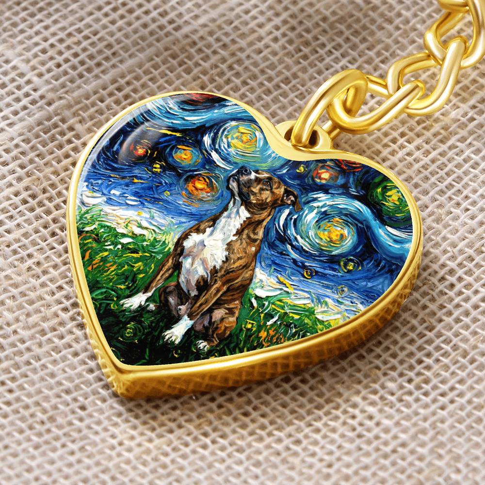 Staffordshire Bull Terrier Starry Night Heart Keychain