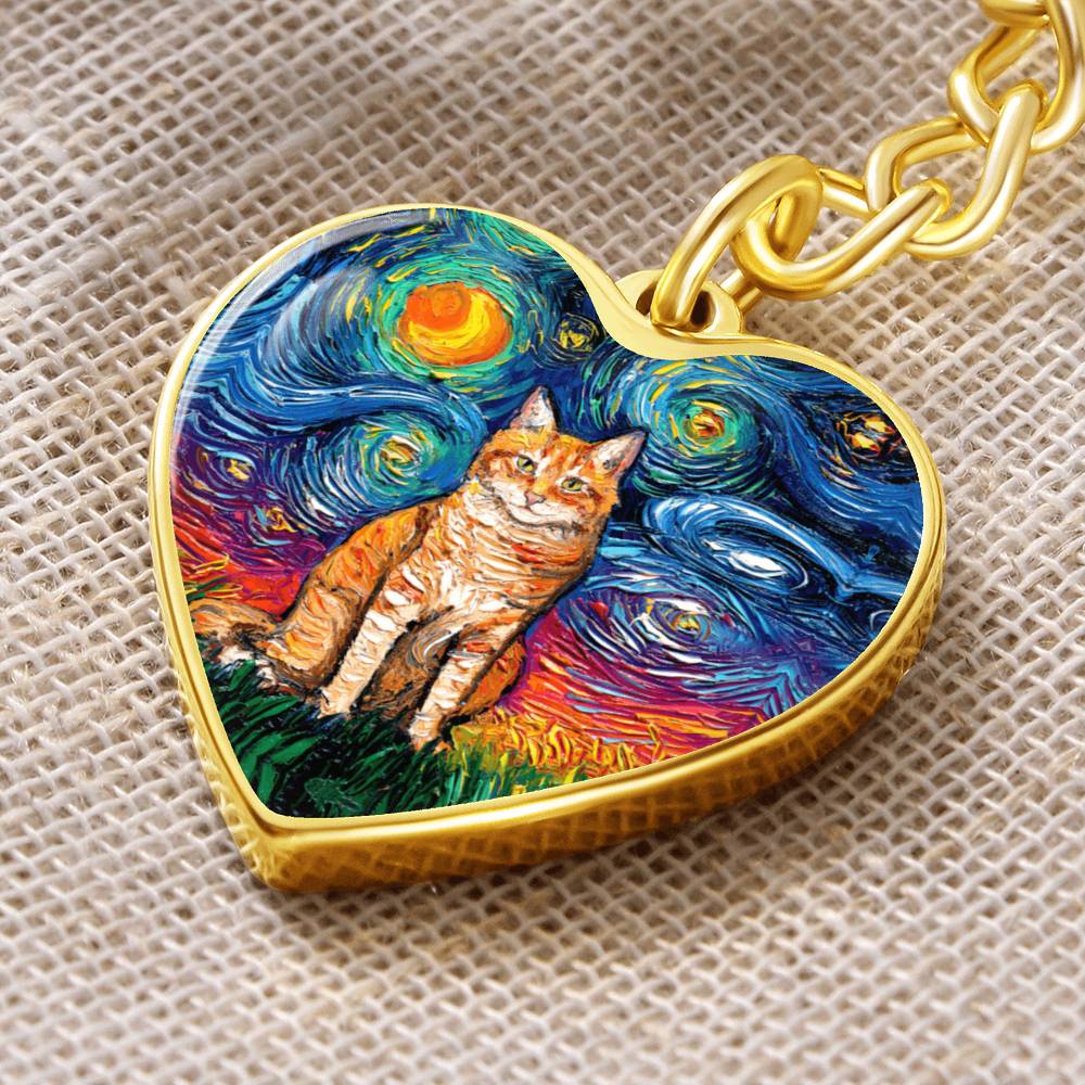 Orange Tabby Cat Starry Night Heart Keychain