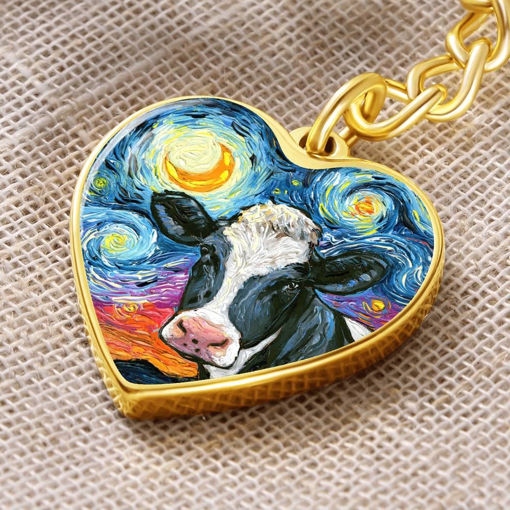 Holstein Cow Starry Night Heart Keychain
