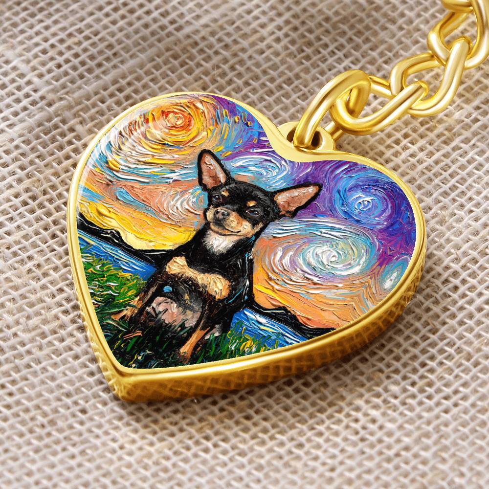 Black and Tan Chihuahua Starry Night Heart Keychain
