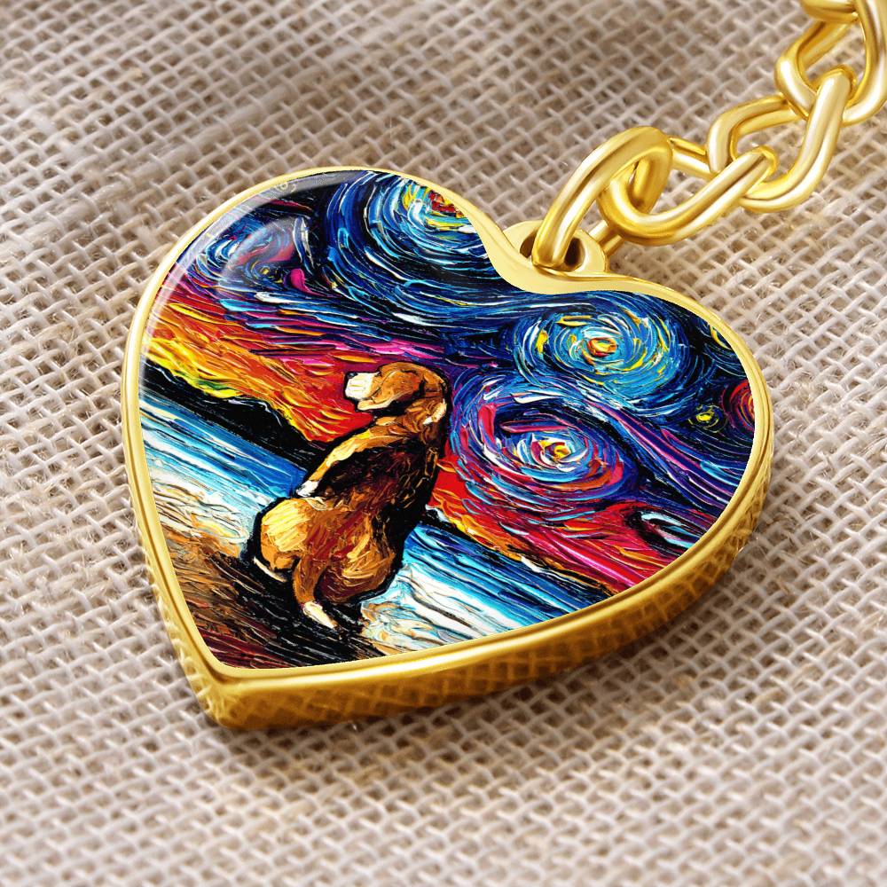 Beagle at the Beach Starry Night Heart Keychain