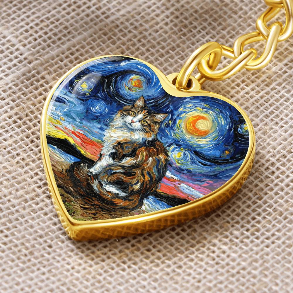 Calico Cat 2 Starry Night Heart Keychain