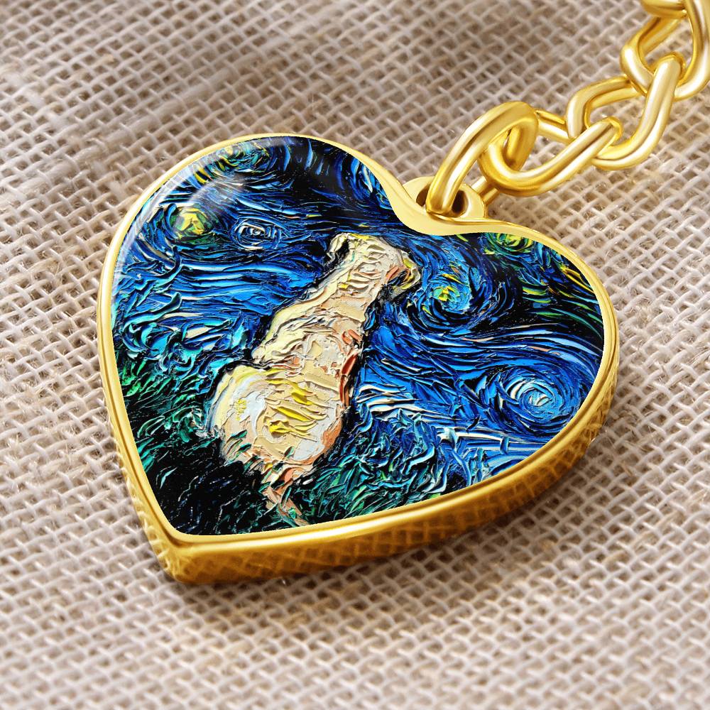 Yellow Labrador Back Starry Night Heart Keychain