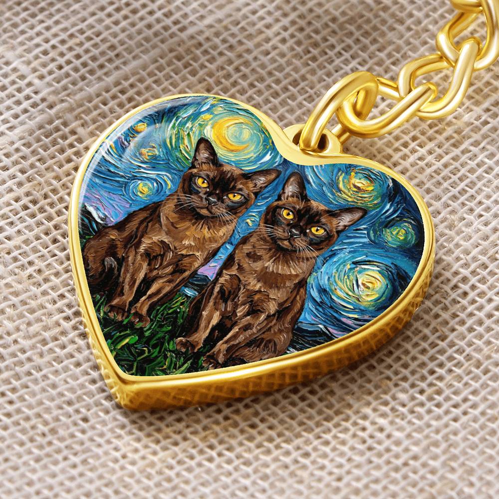 Burnese Cat Night Heart Keychain