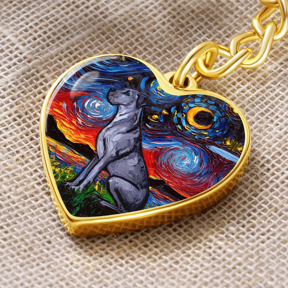 Blue Great Dane Starry Night Heart Keychain