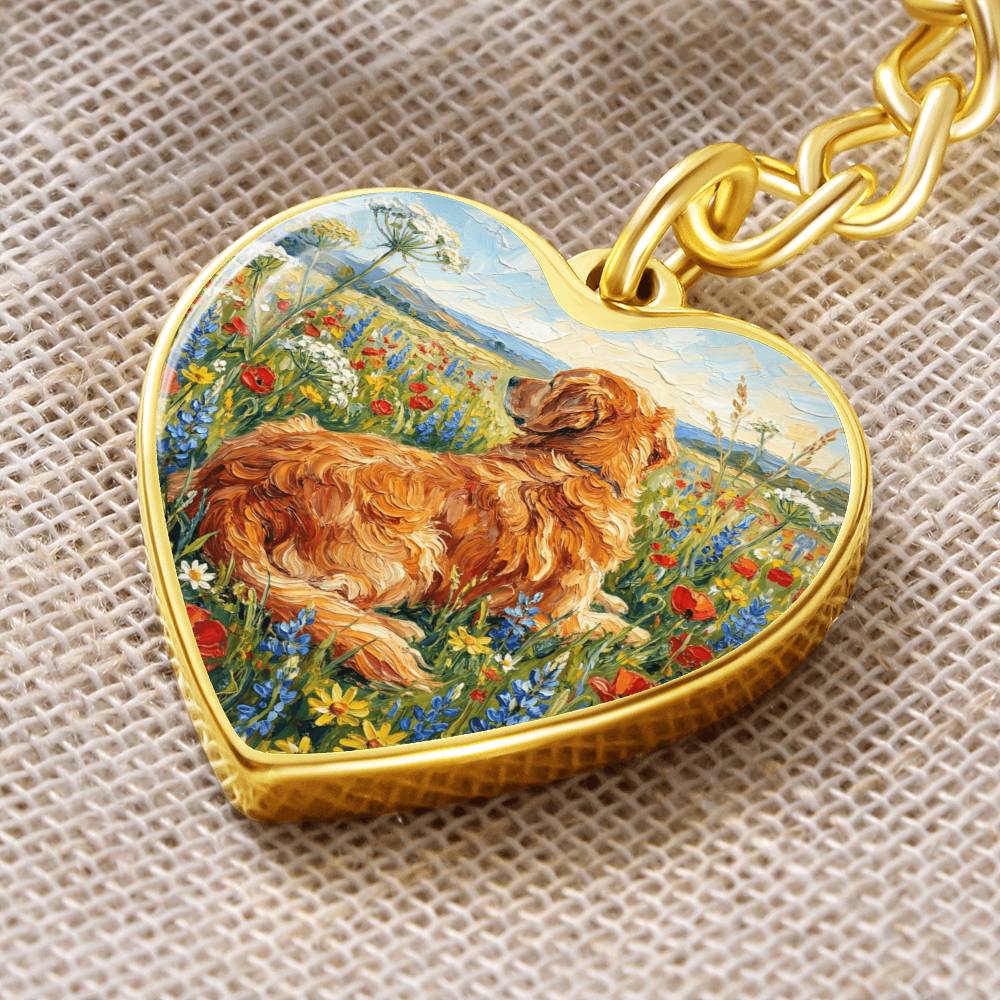 Amongst The Flowers - Golden Retriever Heart Keychain